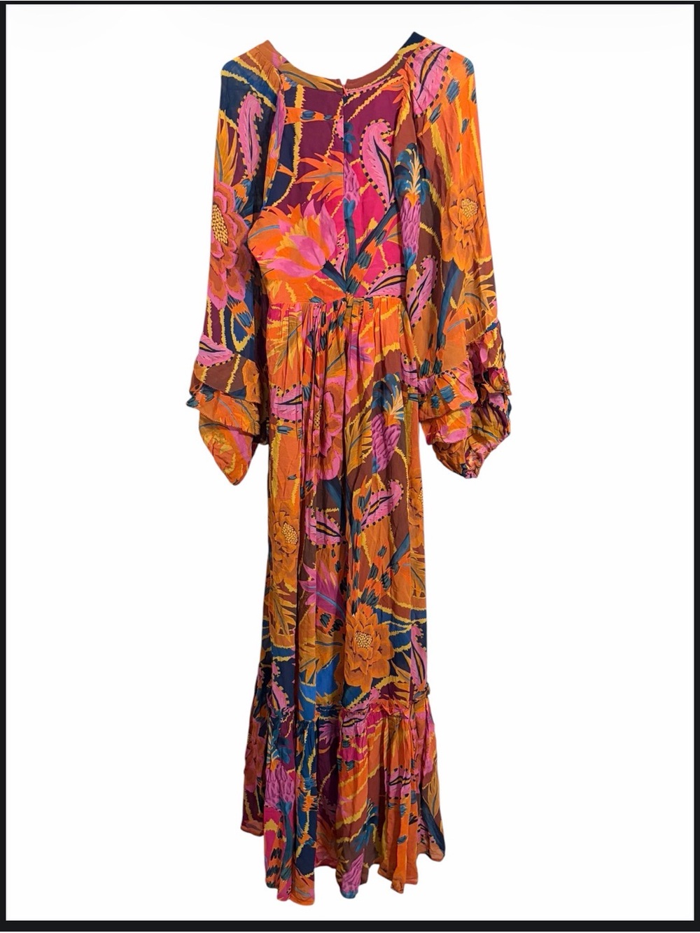 Farm Rio Vintage Wave Maxi Dress Small Colorful Floral Boho Long Sleeve Vacation - Picture 5 of 8